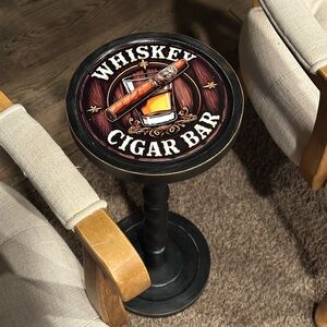 Whiskey Cigar Bar Accent Drinks Side Table - Black Top with Graphic